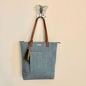 Denim and vegan leather tote handbag